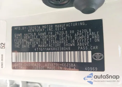 2024 Toyota Camry Se from USA, damaged, VIN 4T1G11AK6RU238048